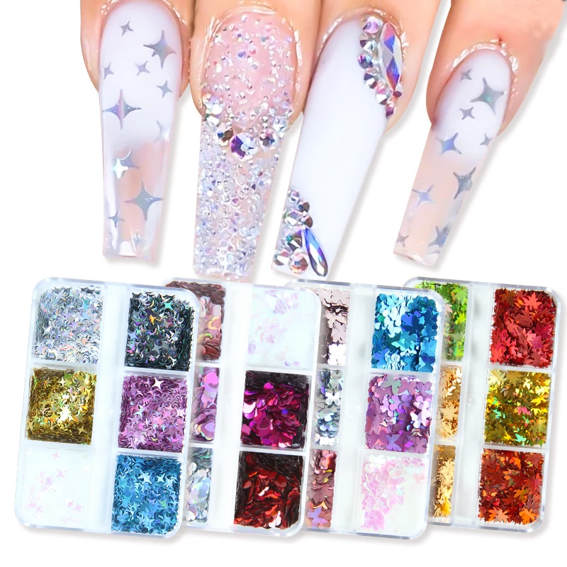 

6 Grids Holographic Maple Leaves Nail Art Glitter Sequins Laser Butterfly Star Nail Supply Store