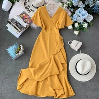 

Irregular Solid Women Dress Summer New V-Neck Flare Sleeve Vestidos High Waist Ruffles A-Line Dresses