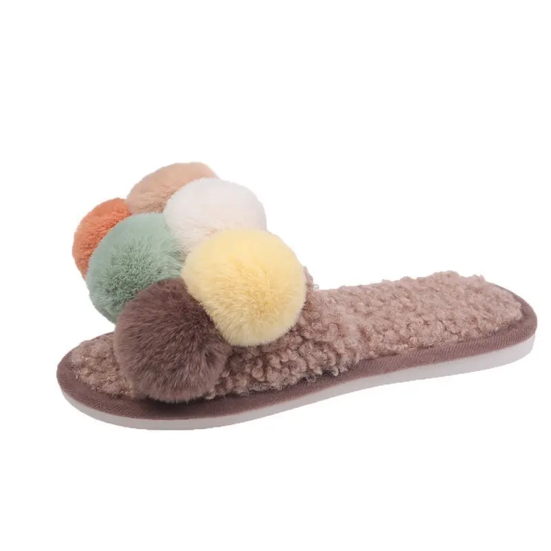 

wholesale fashion ladies fur slippers women' faux fur pom pom ball slippers