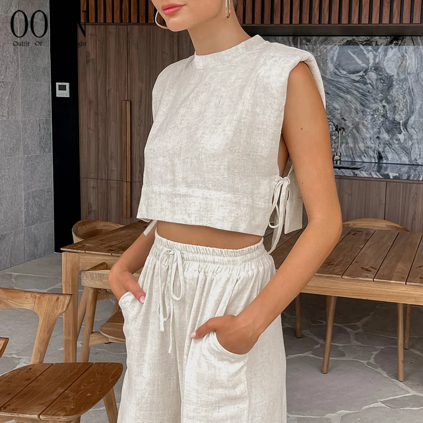 OOTN Women 2 Piece Fashion Sexy Lace-Up Crop Tops Vacation Elastic Waist Loose Long Pants Suits Summer Khaki Linen Pants Sets