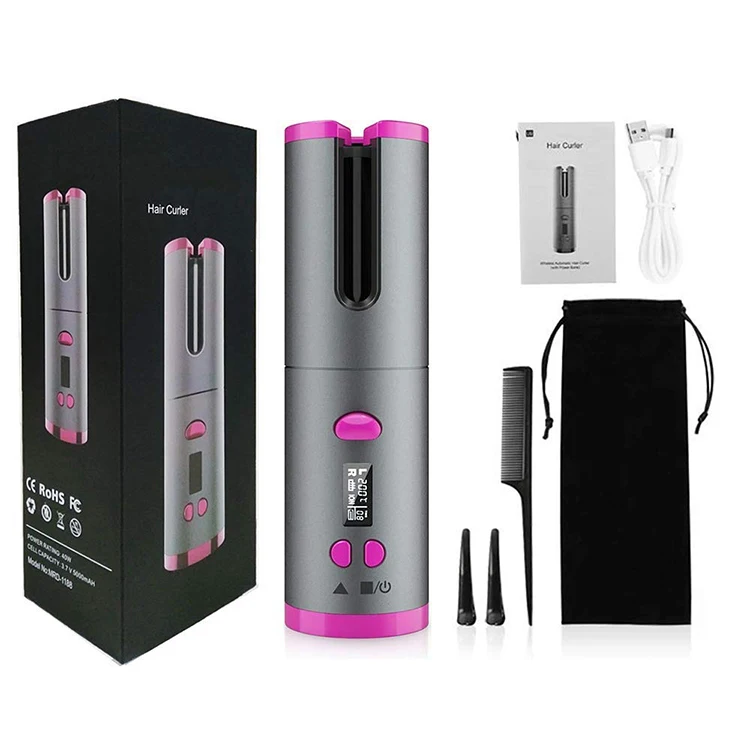 

New USB Auto Ceramic Hair Curler Curling Iron with Power Bnak Battery For Travel, Gray,black