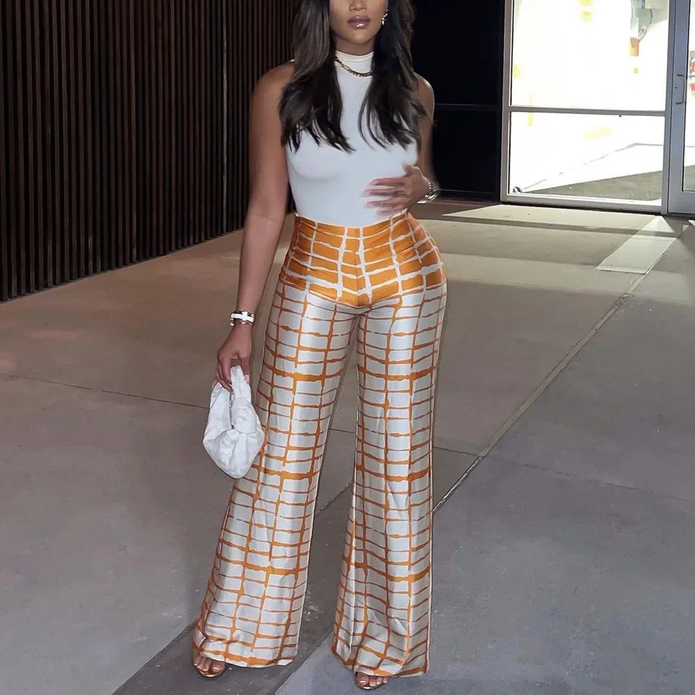 

YIWU QIUDUN The Fall New Listing Plaid Printed Wide Leg Casual Trousers Baggy Flared Pabts