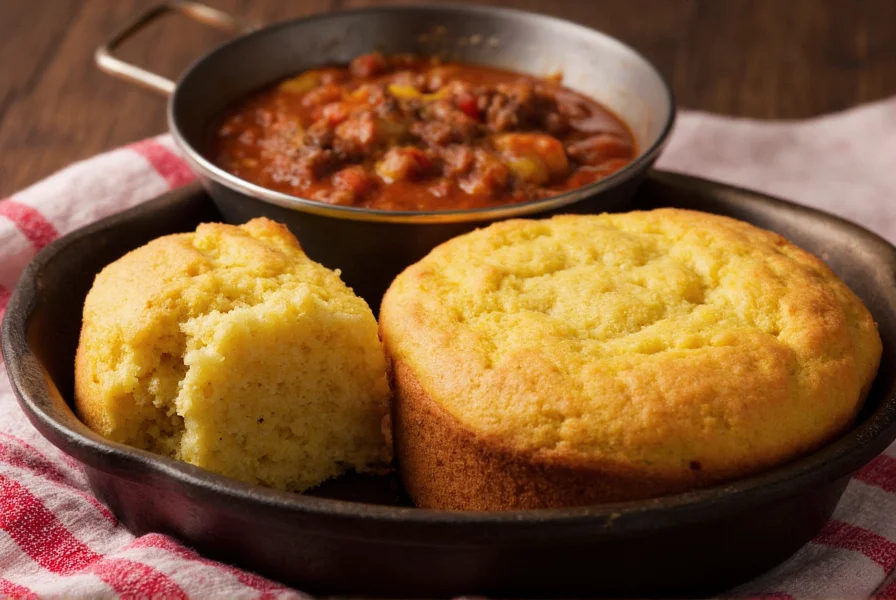 Cast iron skillet with golden cornbread next to a bowl of steaming chili