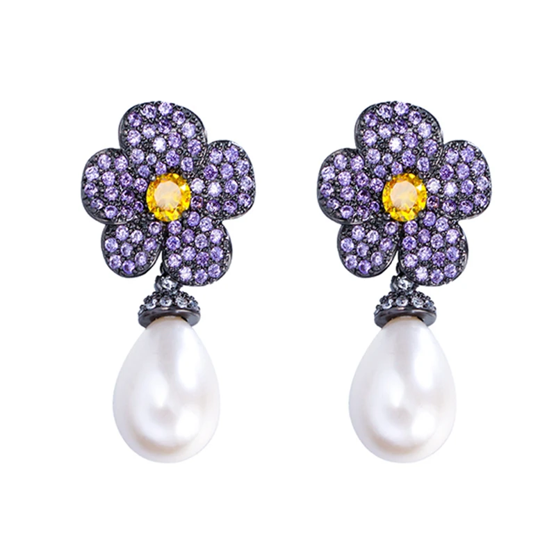 2024 Trendy Black Gun Plated Purple Yellow Zircon Blooming Flower Long Simulated Pearl Earrings for Women Elegant Party Jewelry