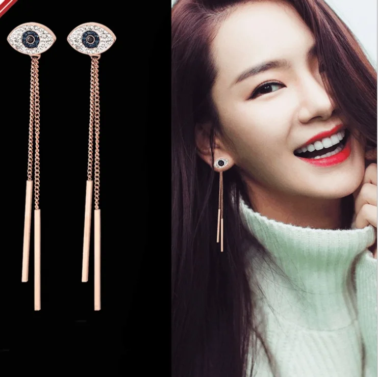

High Quality Long Tassel Blue Dangle Rhinestone Eyes Stainless Steel Earrings