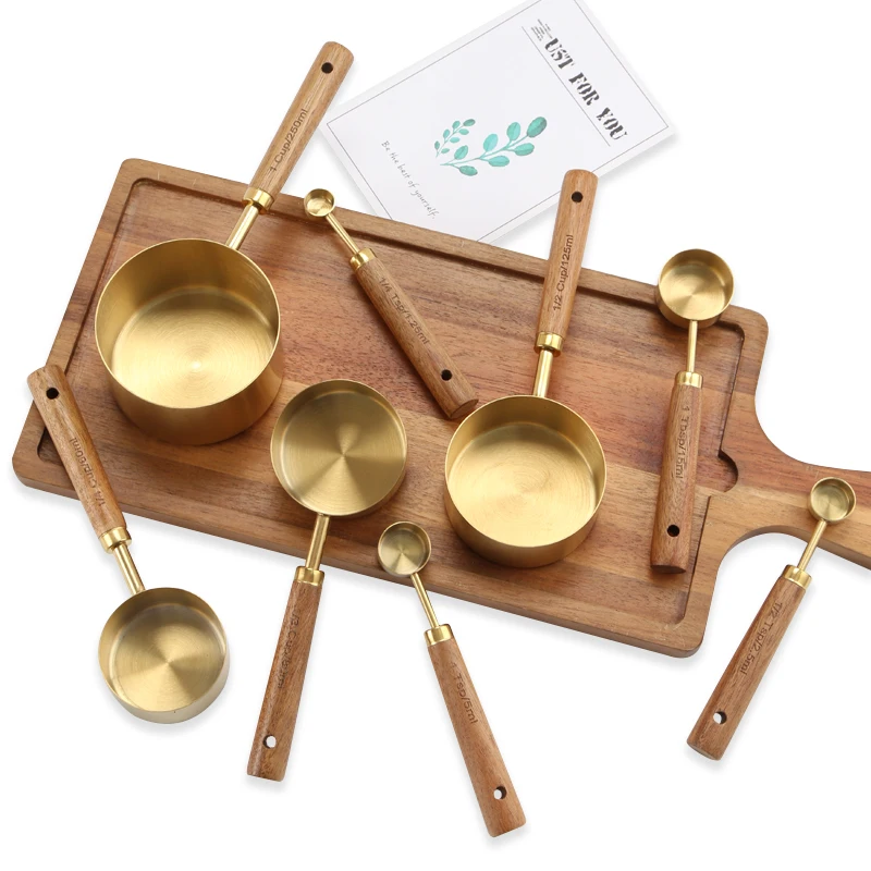 Measuring Cups Spoons Set of 8 Pieces Stainless Steel  Measuring Set with Wood Handle and Gloden Coating
