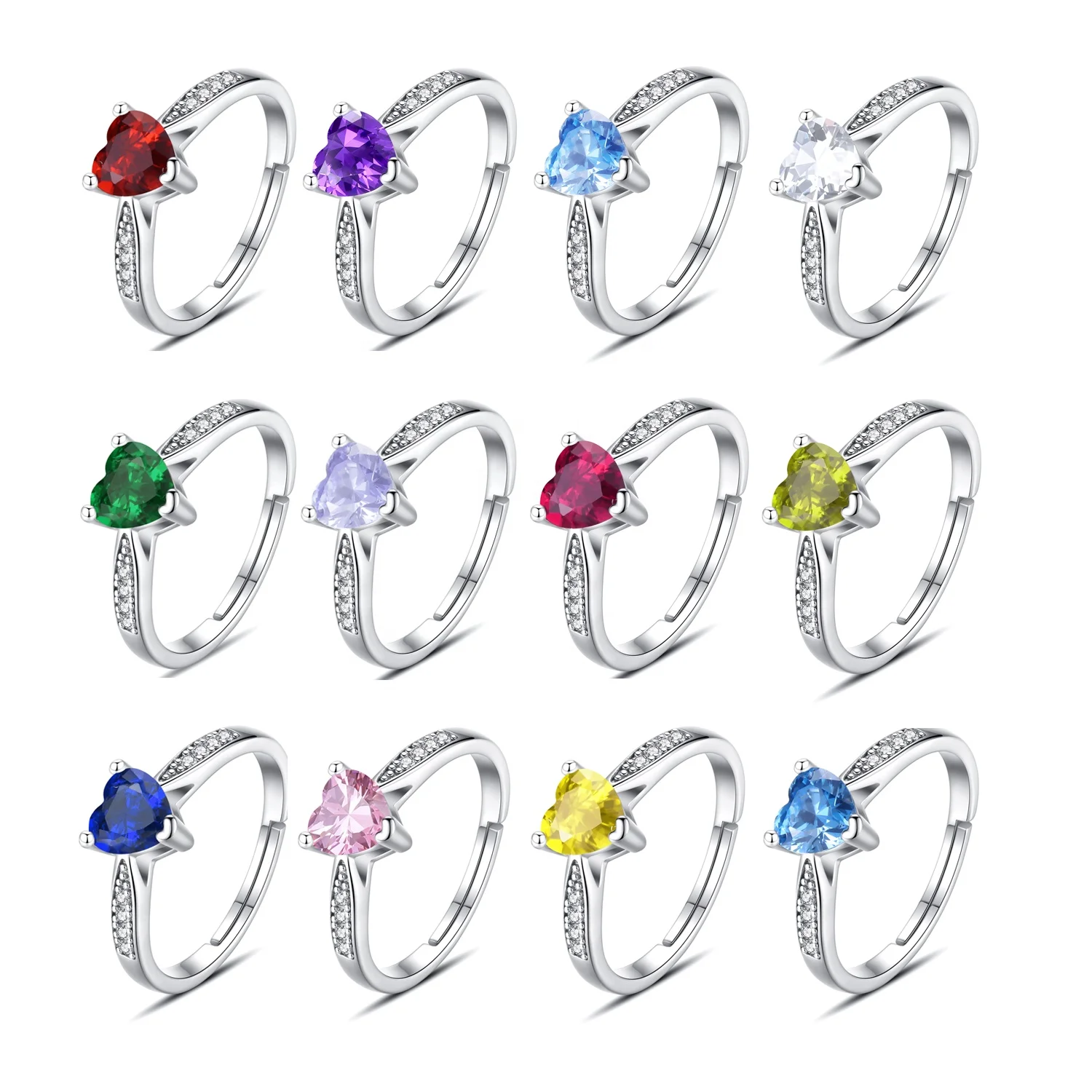 

Open adjustable size 925 sterling silver heart shaped birthstone cubic zirconia gemstone rings jewelry ring for women