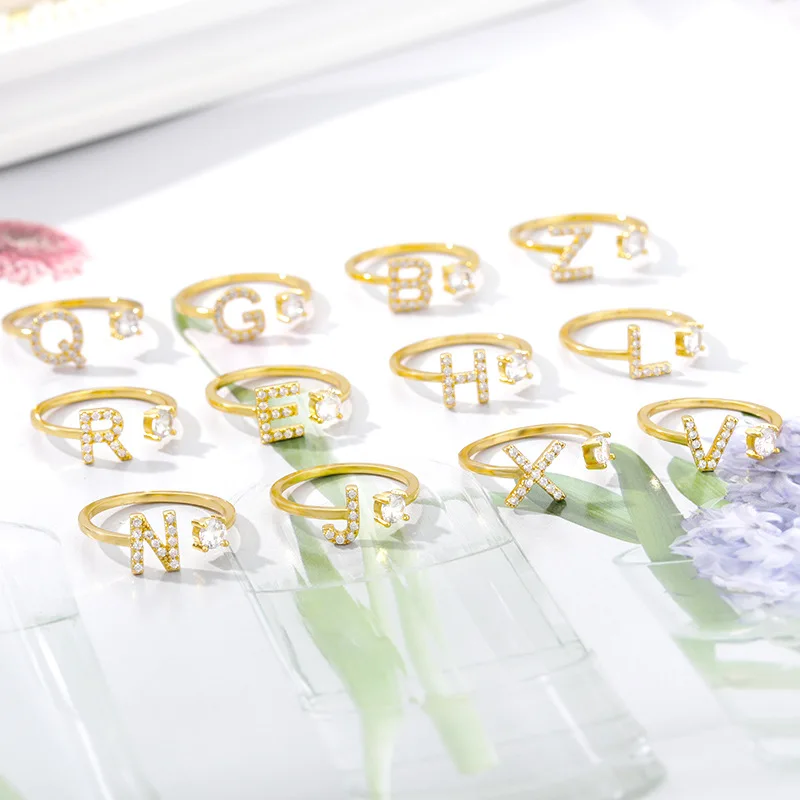 

26 Initial Letter A-Z Zircon Gold Plated Ring Adjustable Rhinestone Diamond Stainless Steel Alphabet Finger Ring Jewelry