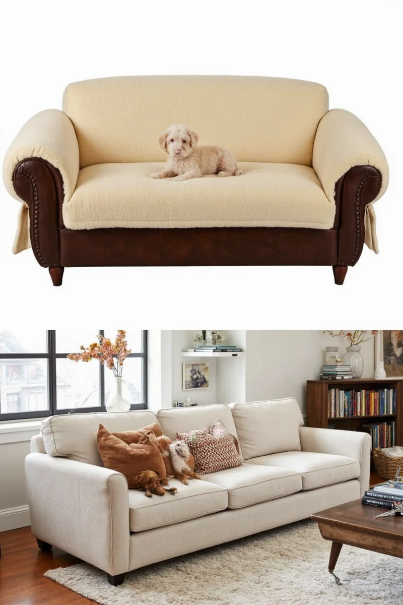 A black leather sofa with a neutral-toned pet cover draped over it, showing how stylish and protective covers can be.