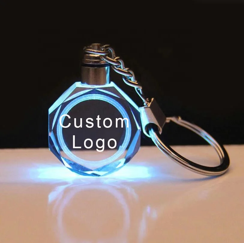 

MH-Y008 Customized 3d laser logo LED light octangle crystal keychain Souvenir keyring