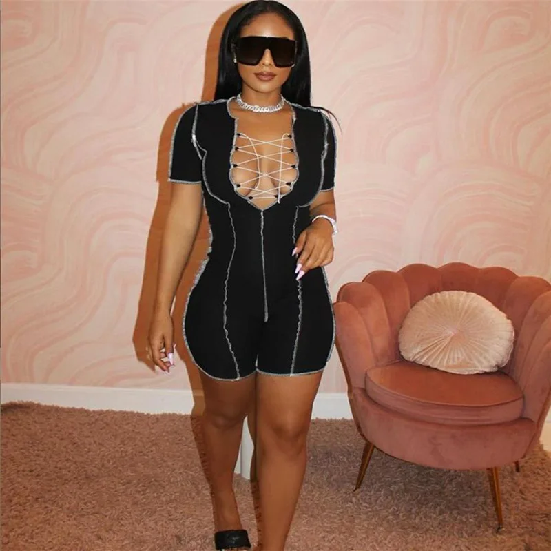 

Summer women new high waist hollow out bandage casual sports fitness short pant jumpsuits, Pink black