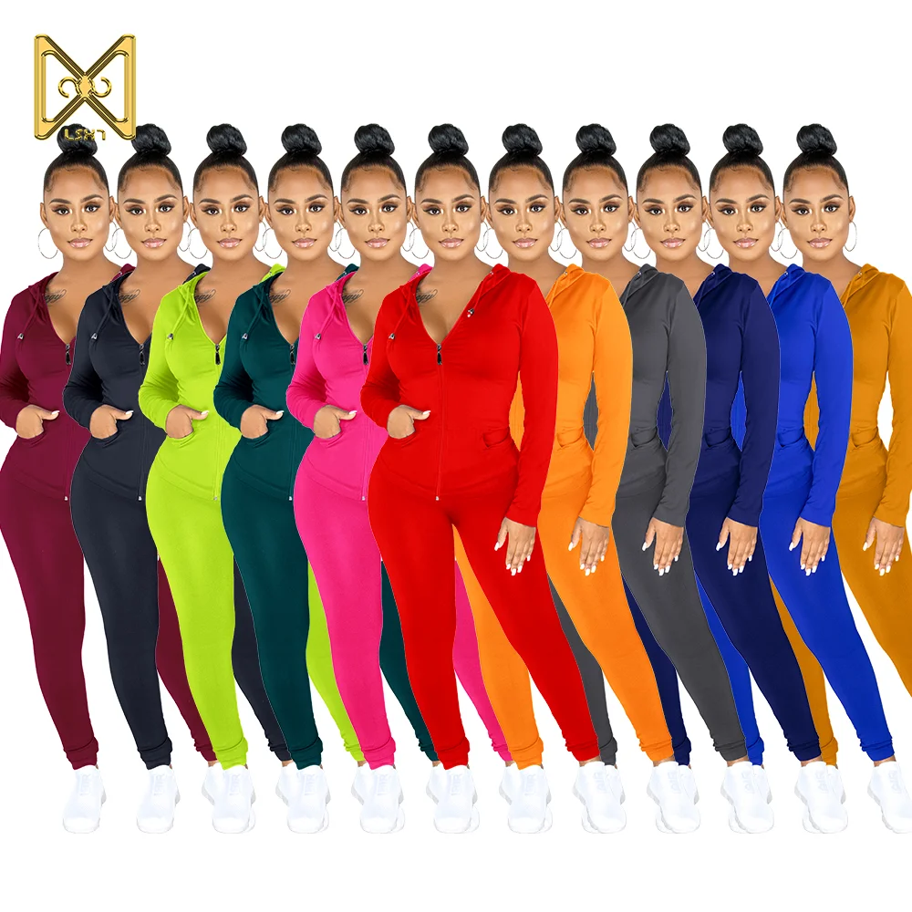 

Ladies sportswer two piece zipper top with hood ladies trendy casual womens sports apparel solid pants long sleeve top set