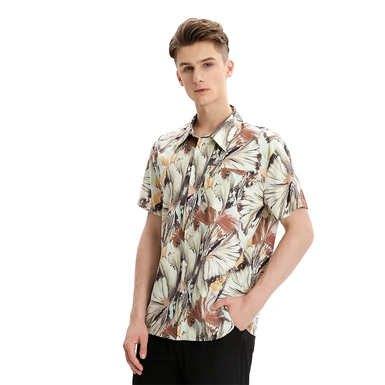 

Hot sale brown hawaiian short sleeve summer casual beach men wear shirt