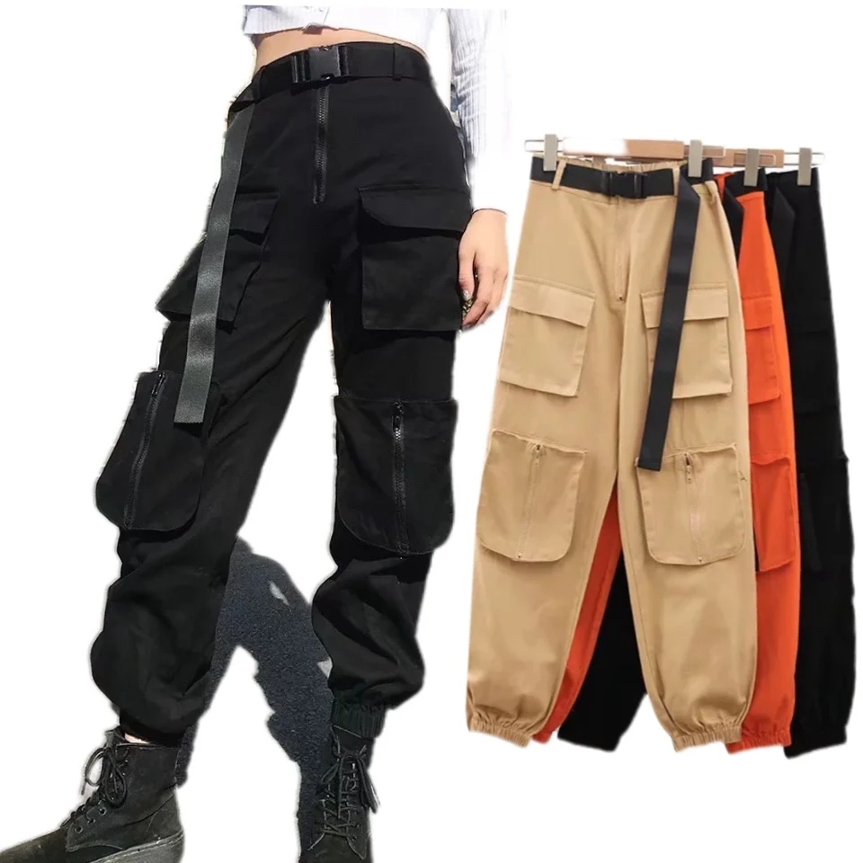 

Custom logo black cargo streetwear pants women Ins Casual baggy cargo pants streetwear with belt