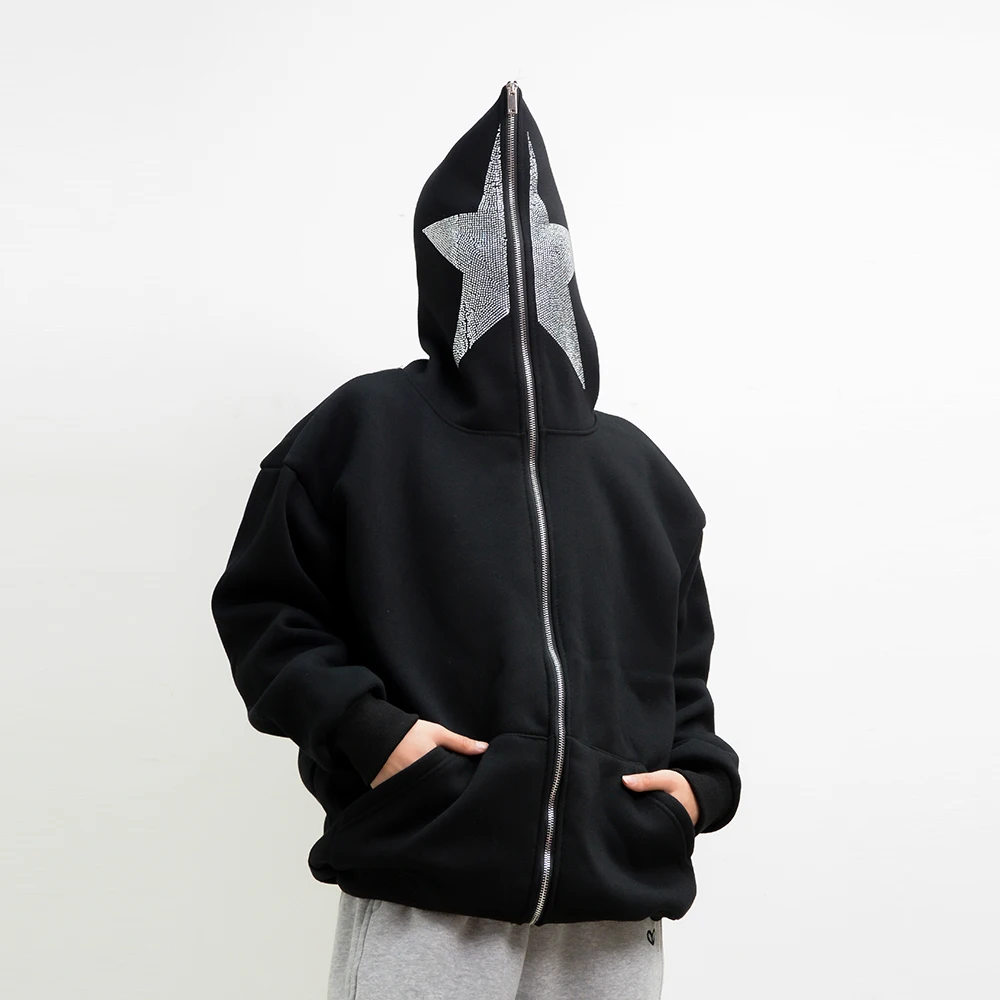 Men's Unisex Pullover Oversized Zipper Heavy Weight Y2K Black Custom Printed Eco-Friendly Full Zip Blank Full Face Rhinestone