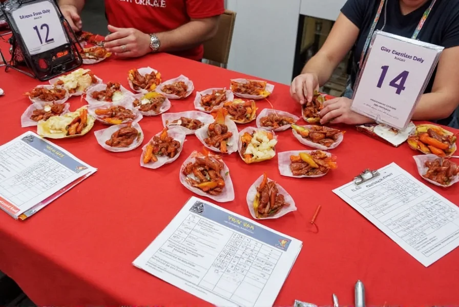 Chili cook off judging table with numbered samples and scorecards
