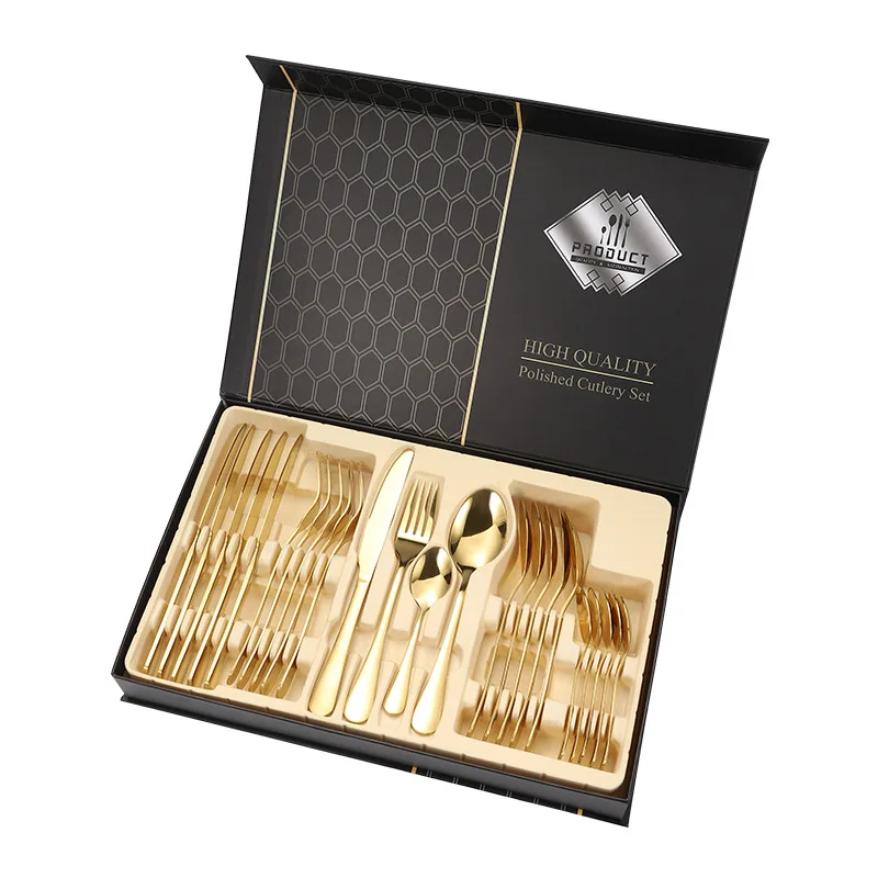 

wholesale kitchen wedding party stainless steel flatware set with gift box silver 24 piece cutlery set, Silver, gold, black, copper, colorful