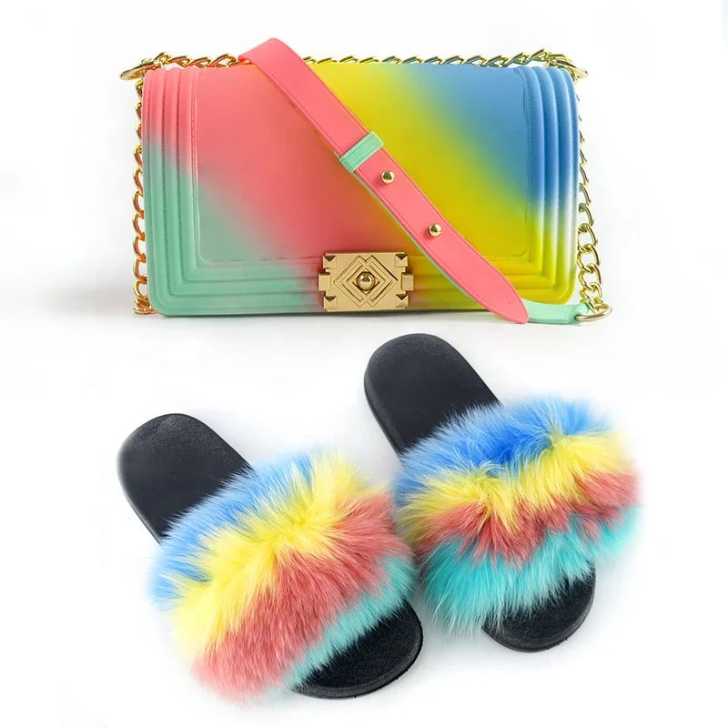 

Factory wholesale 2021 new arrivals matching shoes and handbags for women purse and shoes jelly purses with fur slides