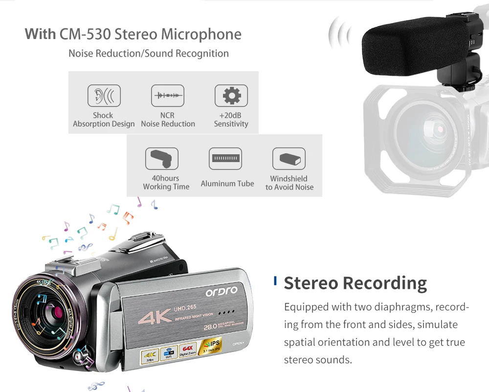 
ORDRO AZ50 Professional 4K Camcorder UHD 1/2.3 Inch Sensor HEVC Digital Vlog Video Camera 