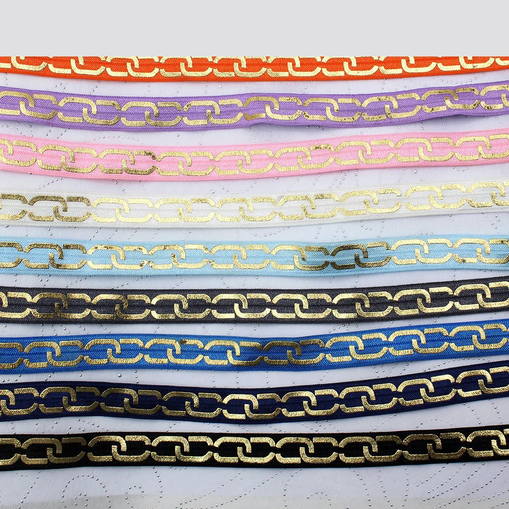 

16mm Hot Selling Stock 5/8" Foil Gold Chain Printed Elastic Ribbon Band Wholesale, 9 colors