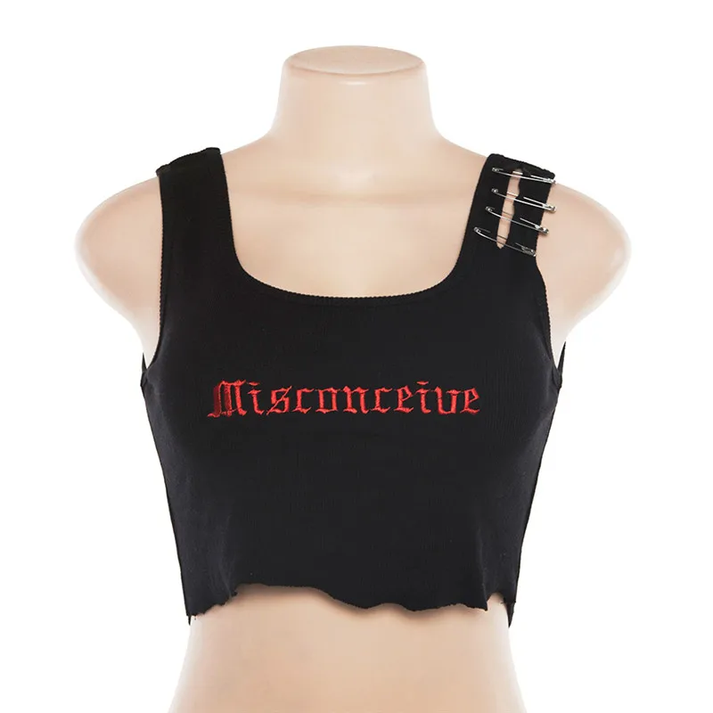 

2020 Dropshipping Pin Embroidery Letter Black Crop Summer Sexy Tops for Women Clubwear Gothic Punk Ripped Tank Tops, Picture