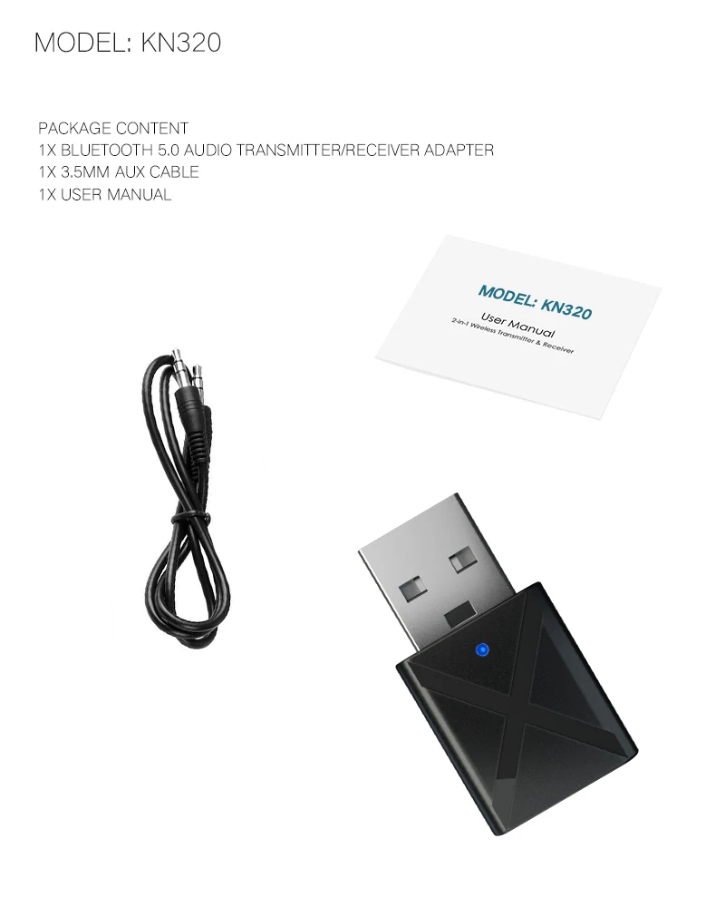KN320 USB Bluetooth Transmitter Receiver, 2 in 1 USB Bluetooth 5.0 Transmitter Receiver AUX Audio Adapter for TV/PC/Car - ANKUX.COM