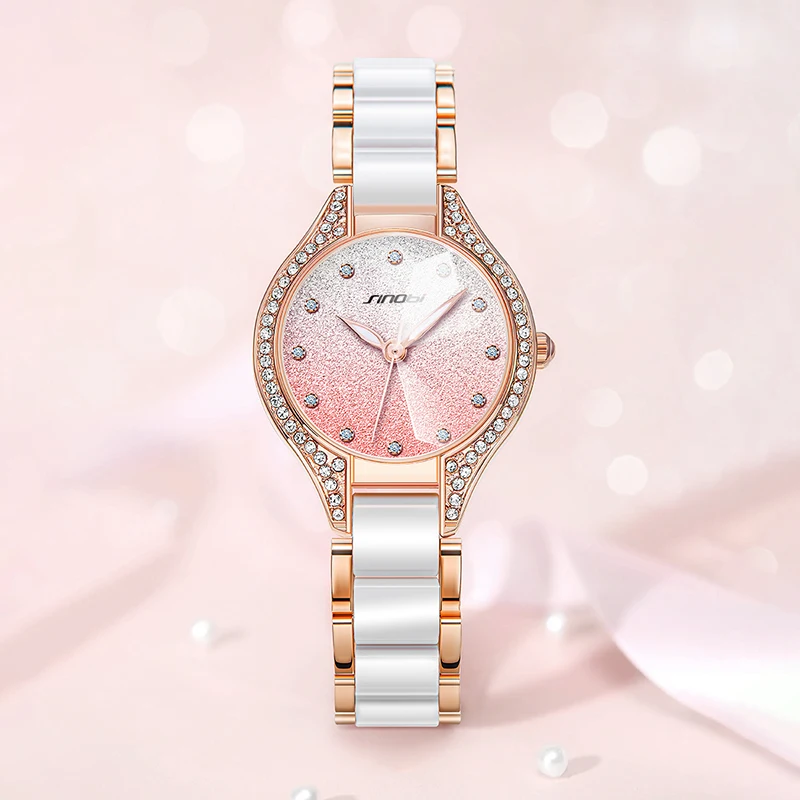 

SINOBI Luxury Bracelet Stainless Steel Case Watch S9850L Women Gradient Pink Dial Blingbling Wrist Quartz Watches Lady