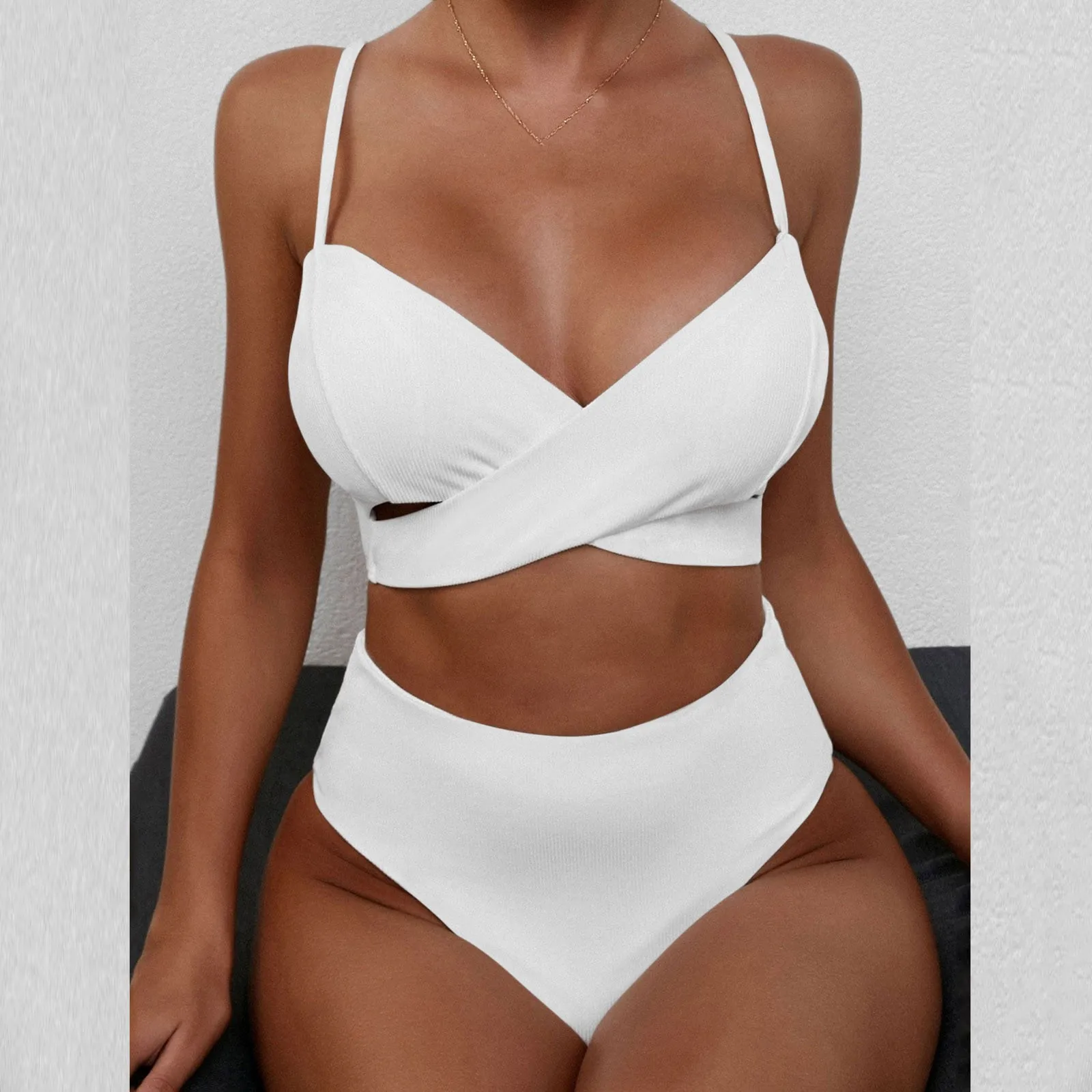 

Best-selling global Cross wrap Bikini Sexy Women solid Fine stripes pit Swimsuit Bathing Suit Microfiber Split Bandage swimwear