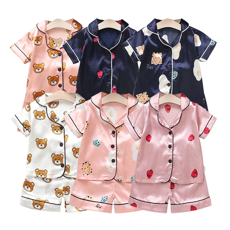 

Pink strawberry print summer sleepwear set girls pyjamas satin kids pajamas
