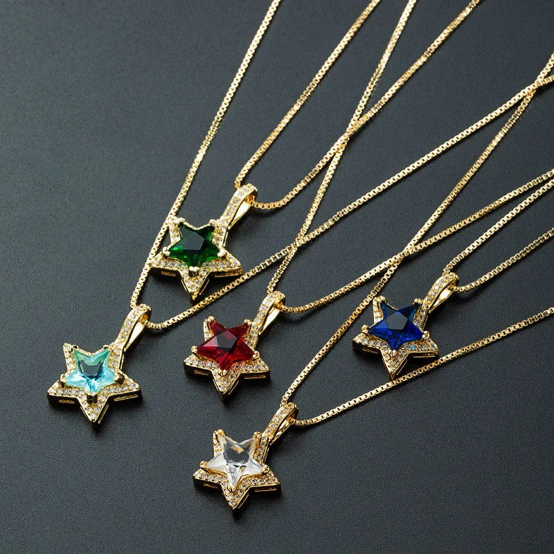 

New Arrival 18K Gold Plated CZ Zirconia Star Pendant Necklace Colorful Zircon Star Snake Chain Necklace For Women