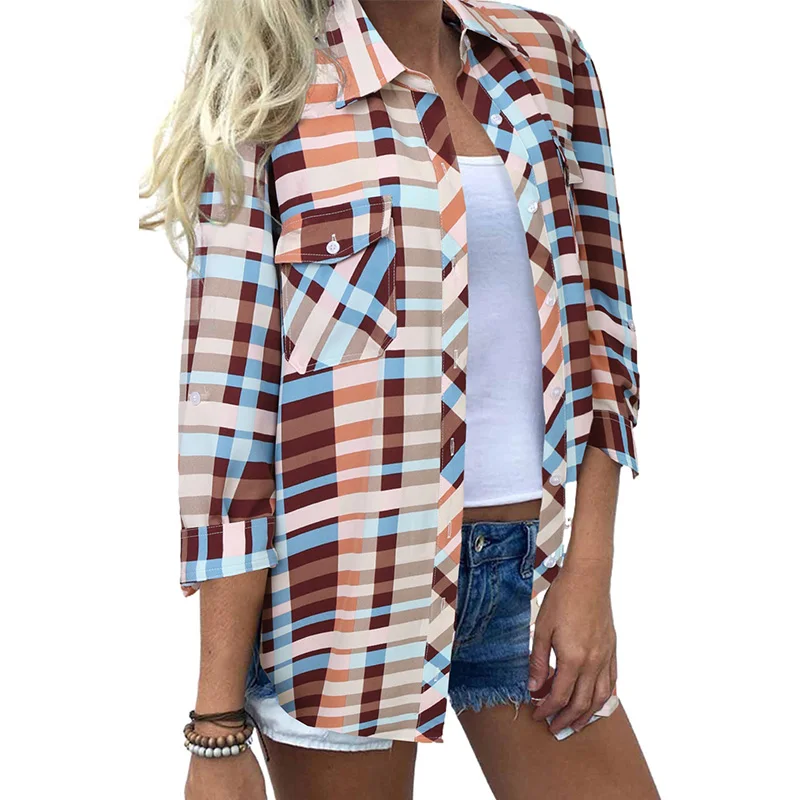 

New Product Women Multi-color Plaid Pocket Turn-Down Collar Long Sleeve Pocket Shirt