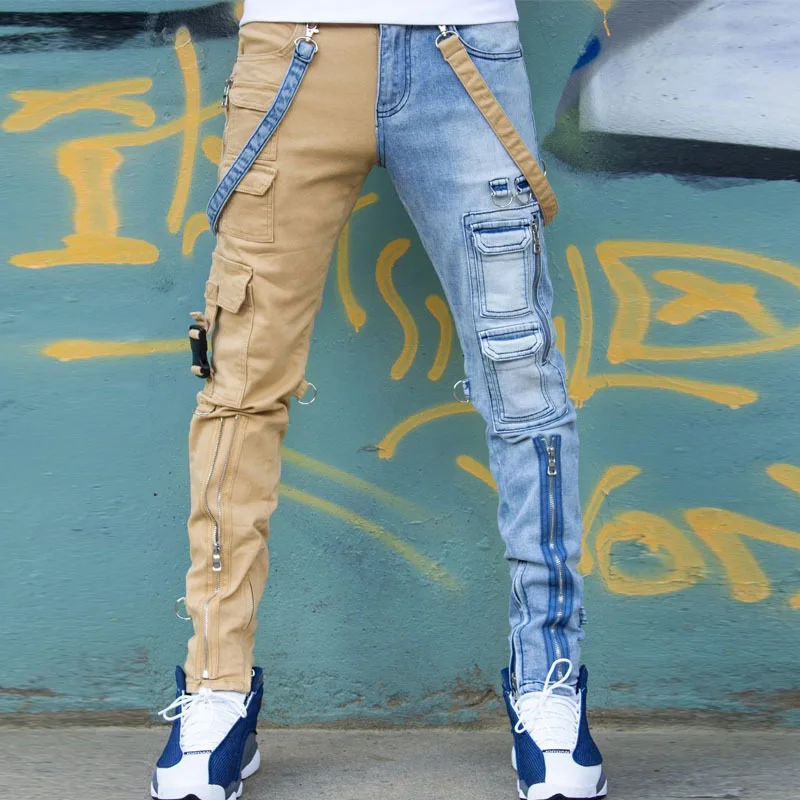 

Stylish most popular men's cargo joint jeans with zipper straight washed blue mix khaki men jeans pants denim jeans