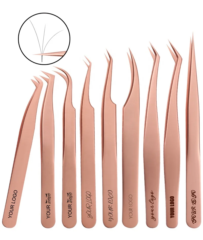 

Custom Professional Rose Gold Pre-fan Individual High Precise slant pointed curlved Graft Eyelash Extension Tweezers Tools, Check details