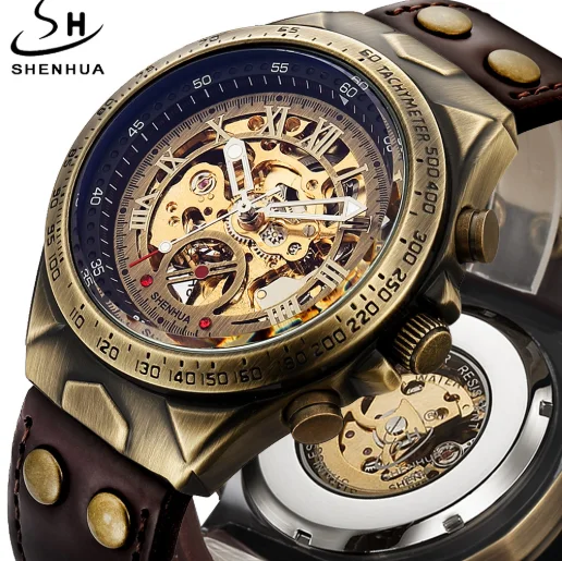 

Vintage watch SHENHUA 02Automatic Mechanical Transparent Skeleton Watch Mechanic Self Winding men Watch