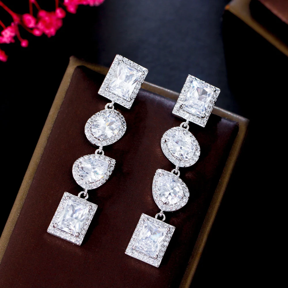 Gorgeous Top Square Cubic Zirconia Stone Pave Long Dangly Drop White Wedding Engagement Party Wear Earrings for Women Jewelry