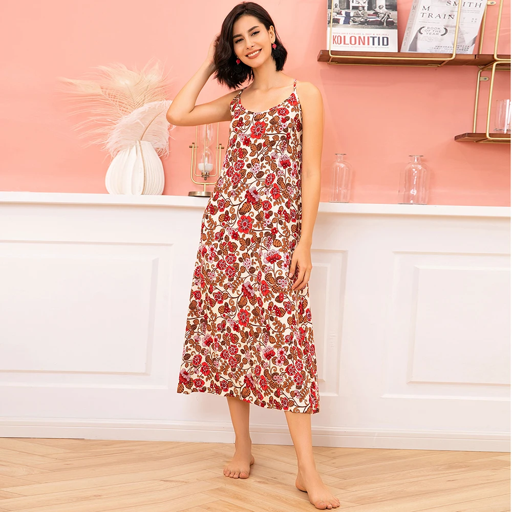 

Red floral 100% rayon cotton long night skirt women hot sex romantic night dress wear ladies suspender nightdress and gown set