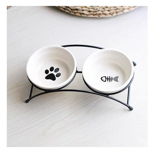 

Ceramic Pet Double Bowls Anti-slip Inside Printed Cat Bowl Iron Shelf Dog Feeder