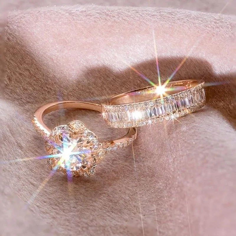

CAOSHI 2pcs Jewelry High Quality Zircon Wholesale Vintage Rose Gold Color Cute Rose Women Flower Ring Set