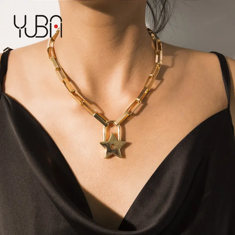 

Geometric Star Lock Pendant Necklace Retro Choker Women Statement Jewelry