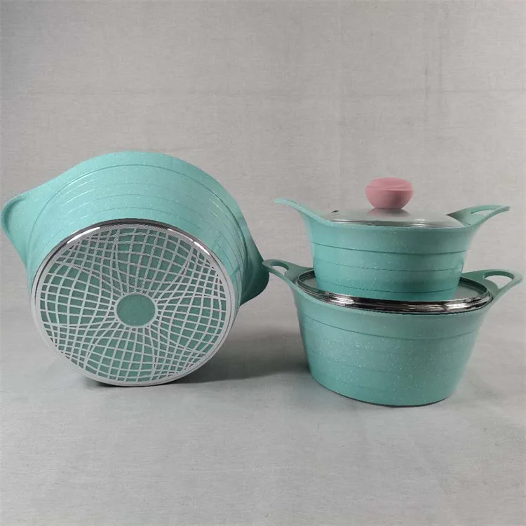 

OEM green 6pcs camping custom utensils pot pan aluminium granite non-stick nonstick soup & stock pots cookware sets, Customized color