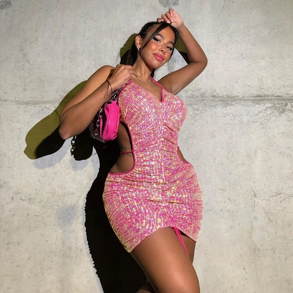 

Summer 2022 V Neck Bodycon Mini Dress Club Party Wear Drawstring Ladies Sexy Night Backless Dress for Woman