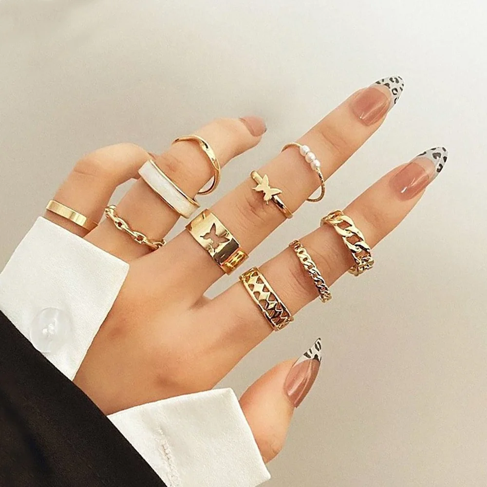 

2022 New Fashion Trendy 10pcs Gold Pearl Ring Set Metal Chain bridal butterfly Stone Finger Joint Rings Set For Women Gift