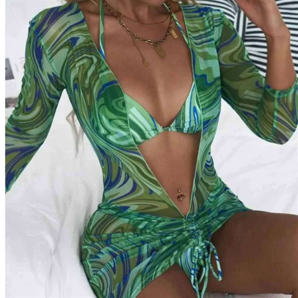 

Factory Wholesale New Spring and Summer Your Design Labels OEM Long-sleeved Bikini Swimwear Women Three-piece Swimsuit