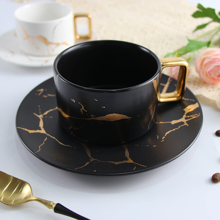 

Marble Gold Plate Ceramic Tea Cups And Saucers Cereal Cup French Luxury Creative Handpainted Golden Rim cereal cup