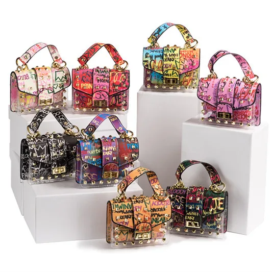 

2021 Luxury Colorful Jelly Bags Transparent Rivet Graffiti Chain Pu Handbag For Women, 8 colors