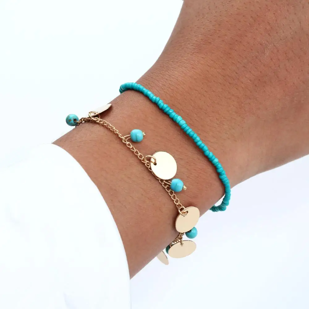 

Bohemian Summer Beach Style 2pcs Gold Metal Disc Bead Charm Bracelet Blue Stretch Beaded Bracelet sets, As pictures