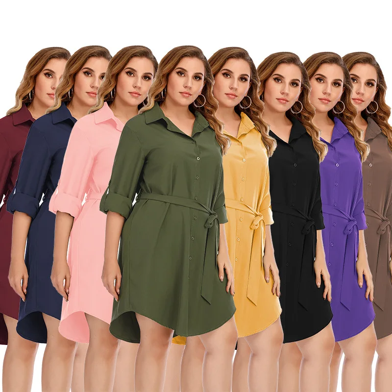 

Large women's autumn new long sleeve shirt skirt solid shirt multi color belt Lapel short dress