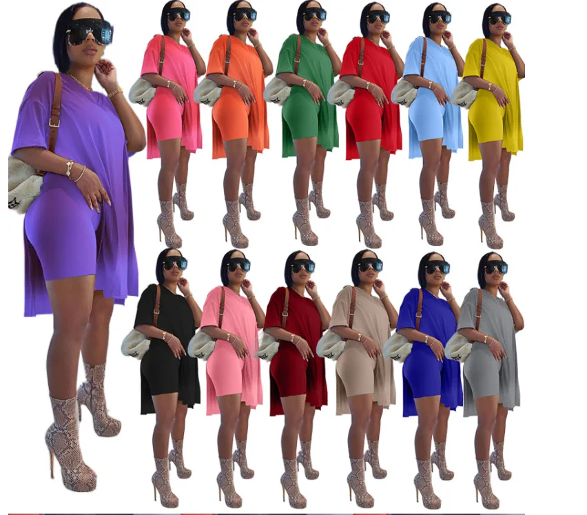 

Hot Sell Custom Logo Plus Size Two Piece Shorts Loose Summer Women Two Piece Short Set, Pink/yellow/orange/red/purple/gray/black/khaki/blue/green/white