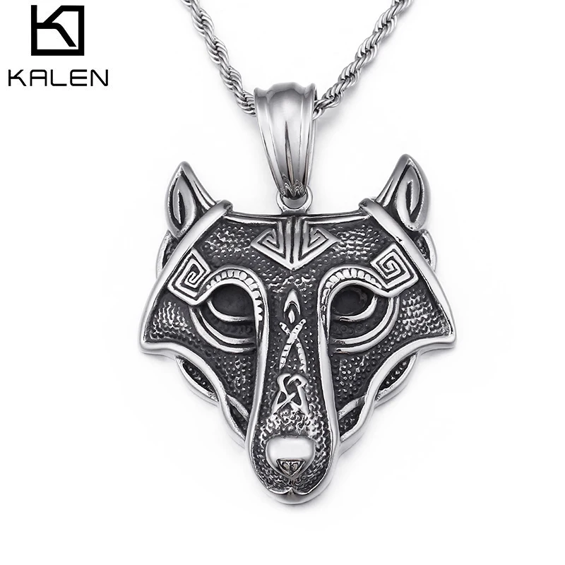 

KALEN Silver Wolf Head Men Stainless Steel Vintage Animal Pendant