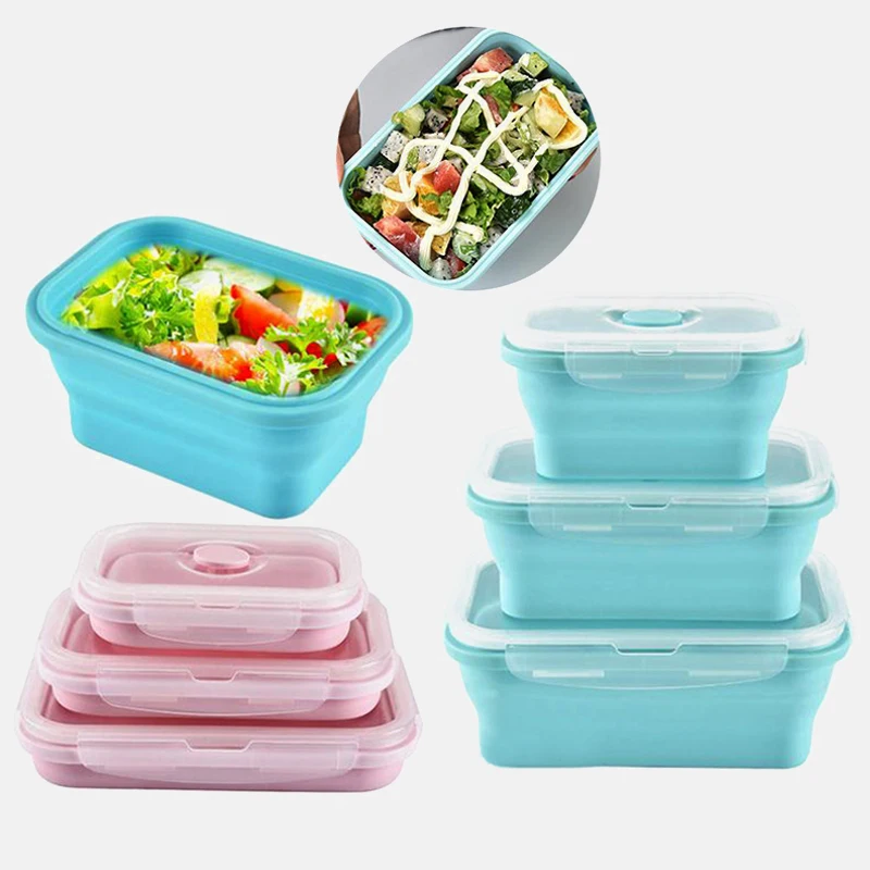 

4 Pieces Set Rectangle Home Collapsible Silicone Bento Lunch Box Silicone Food Storage Container With Lid, Blue, red, green, pink, grey blue